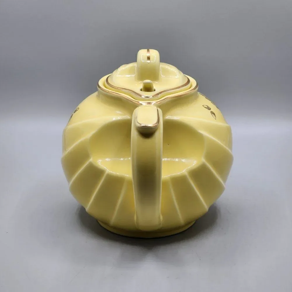 Vtg HALL Teapot Yellow 6 Cup 0799 Made in USA Art Deco Gold Trim Autumn Leaves
